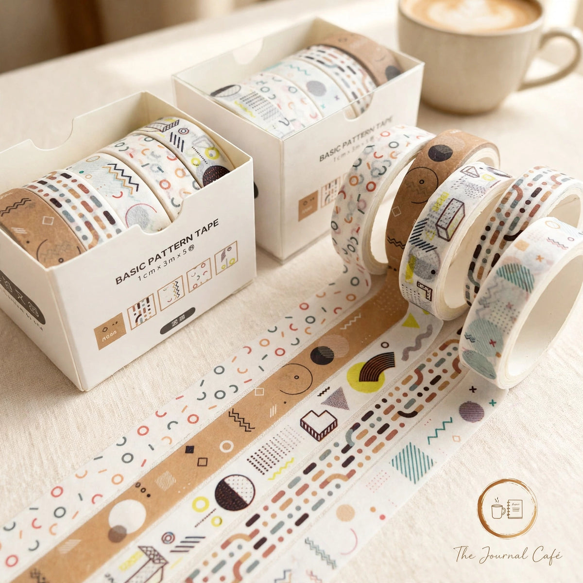 Pastel washi tape set — product photo 4 styled on a cream café table, The Journal Café