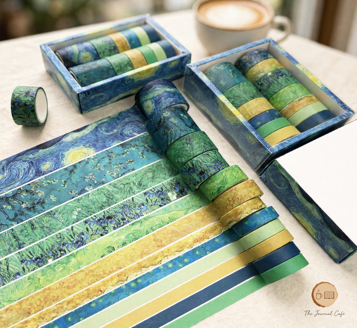 Pastel washi tape set — product photo 31 styled on a cream café table, The Journal Café