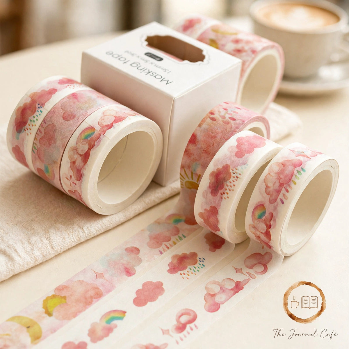 Pastel washi tape set — product photo 32 styled on a cream café table, The Journal Café