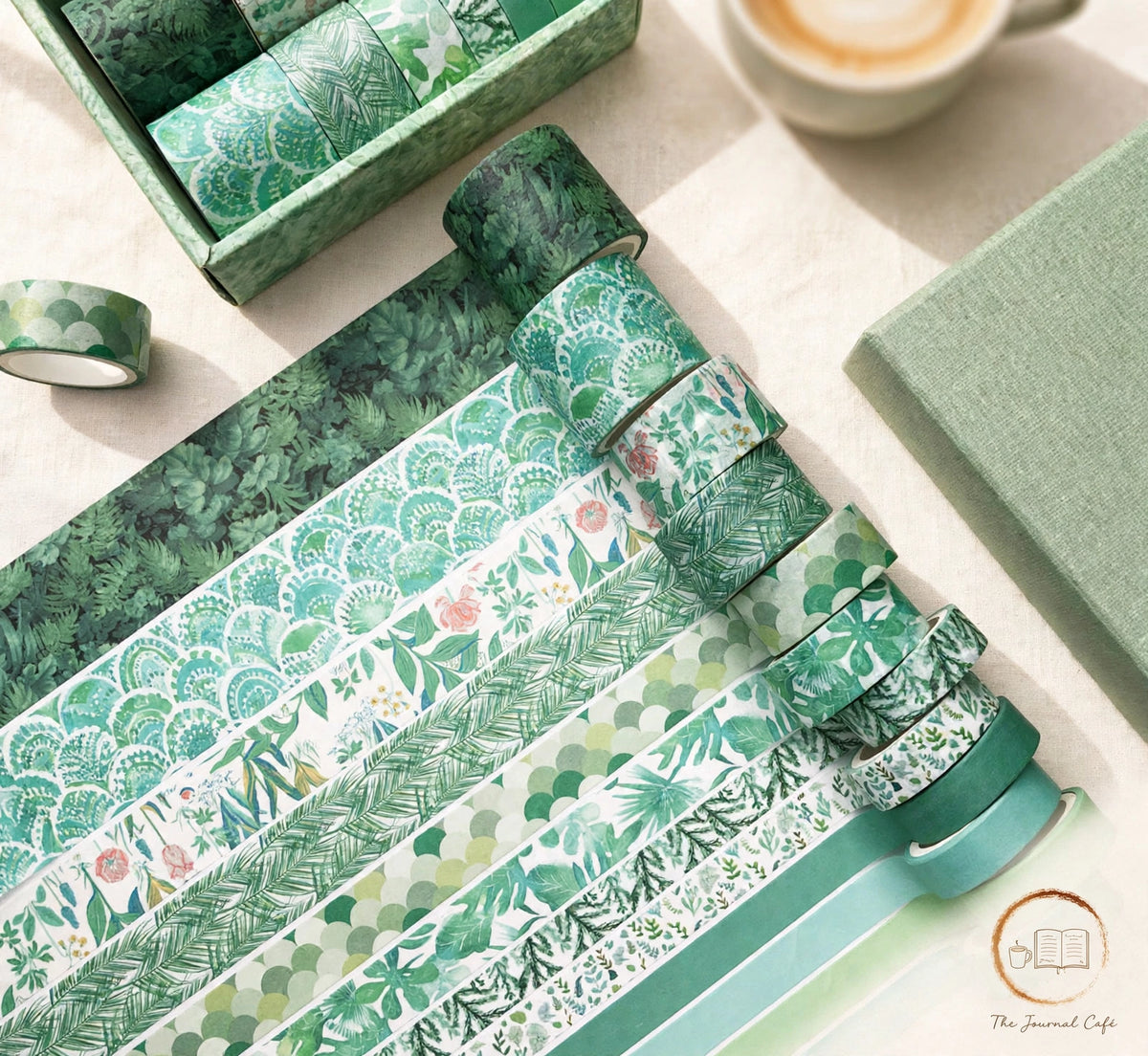 Pastel washi tape set — product photo 33 styled on a cream café table, The Journal Café