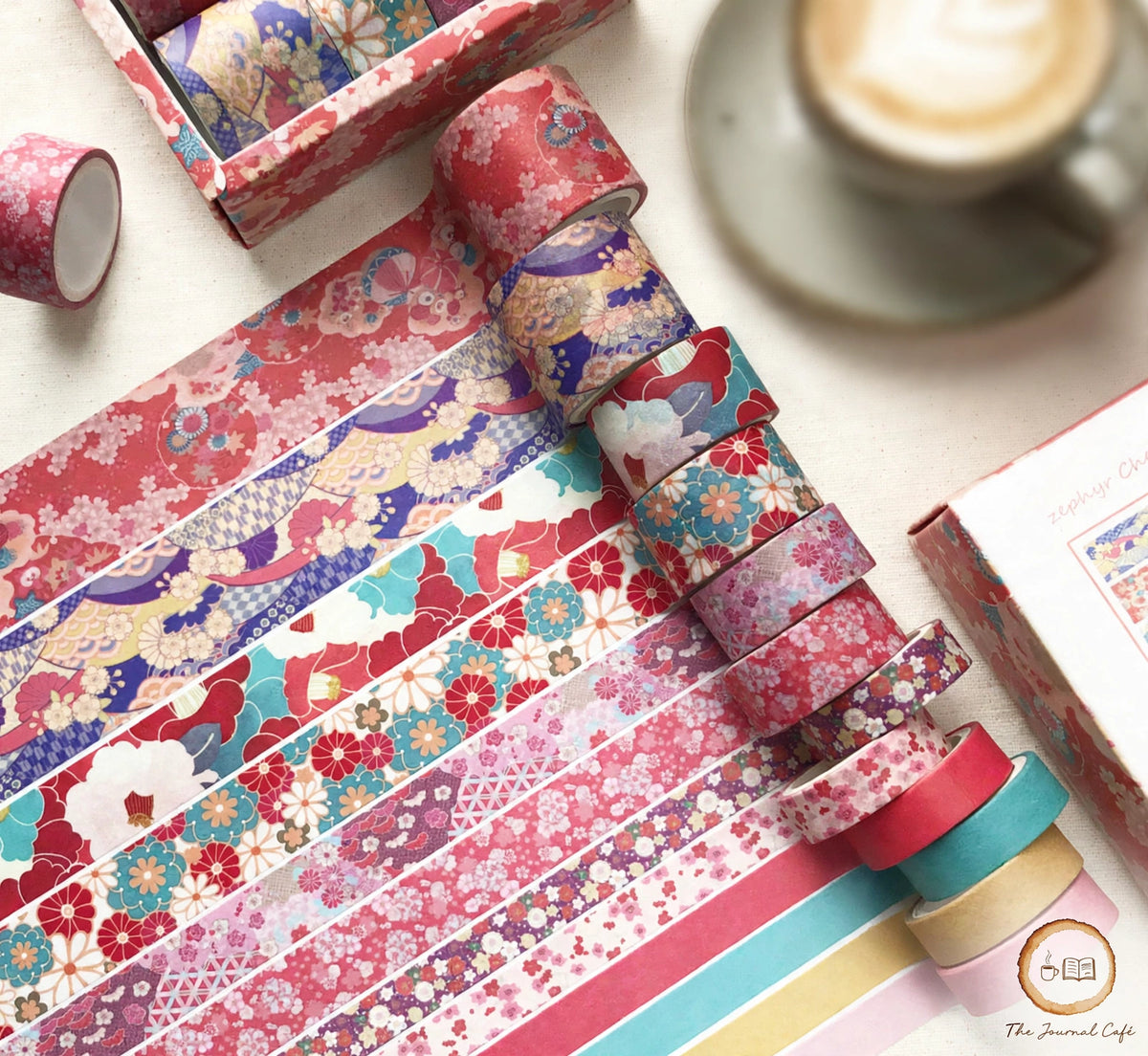 Pastel washi tape set — product photo 34 styled on a cream café table, The Journal Café