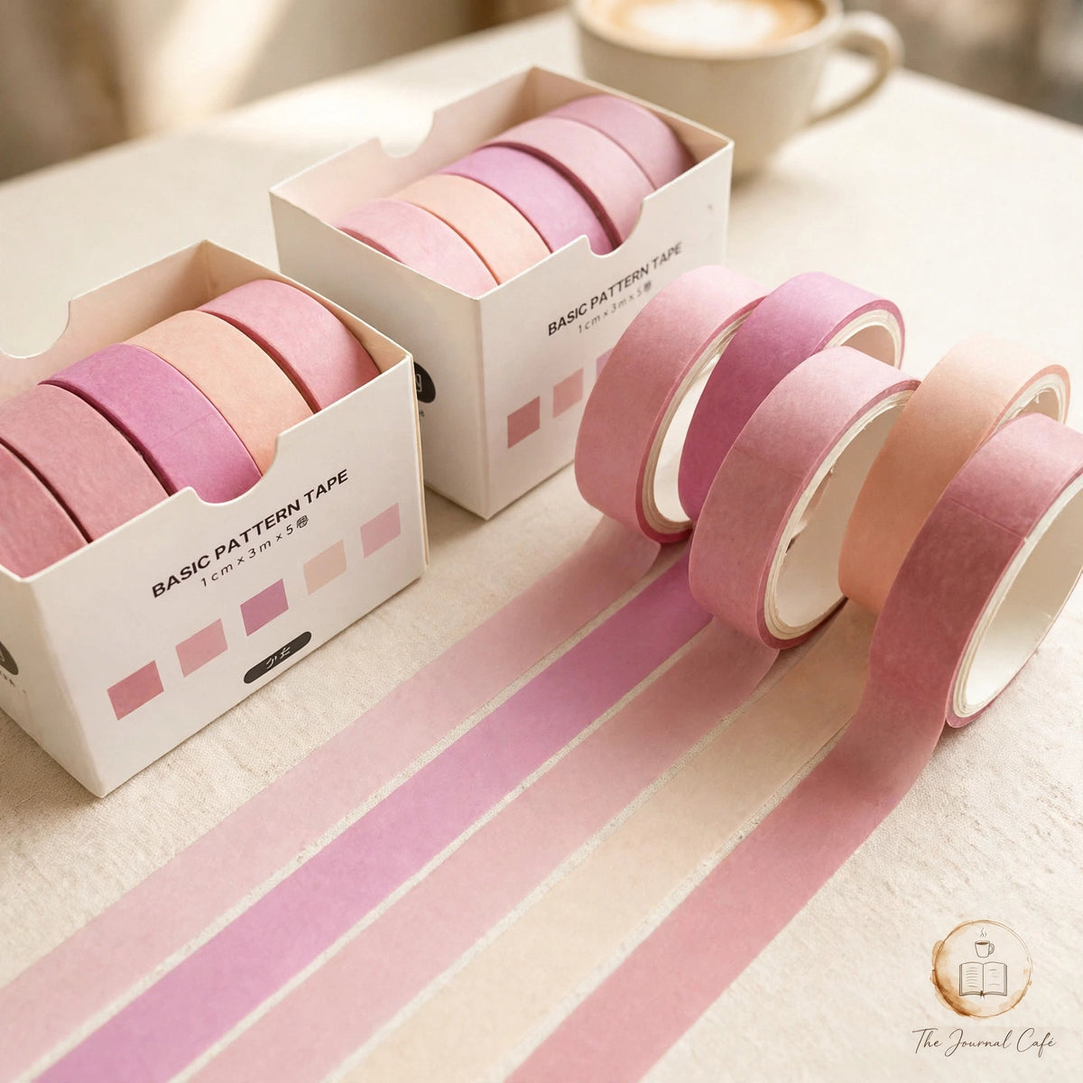Pastel washi tape set — product photo 5 styled on a cream café table, The Journal Café