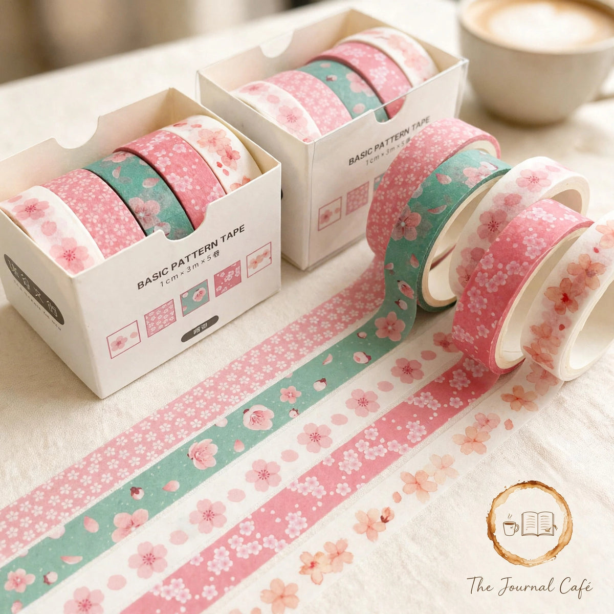 Pastel washi tape set — product photo 6 styled on a cream café table, The Journal Café