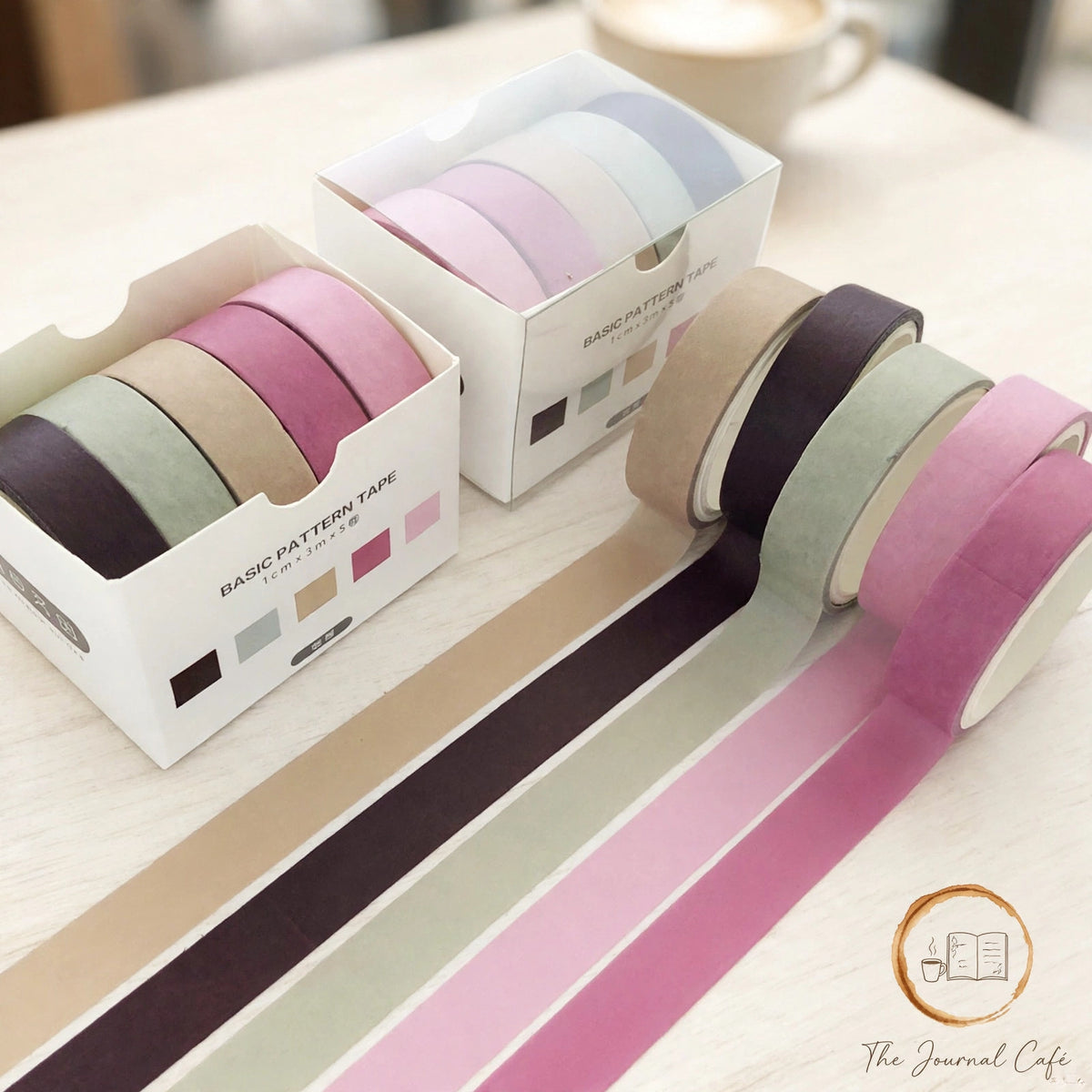 Pastel washi tape set — product photo 8 styled on a cream café table, The Journal Café