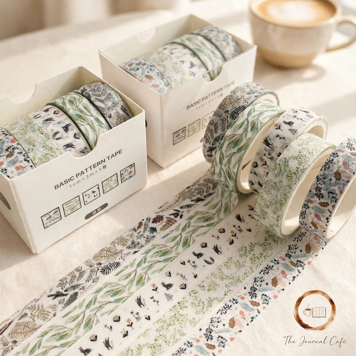 Pastel washi tape set — product photo 9 styled on a cream café table, The Journal Café