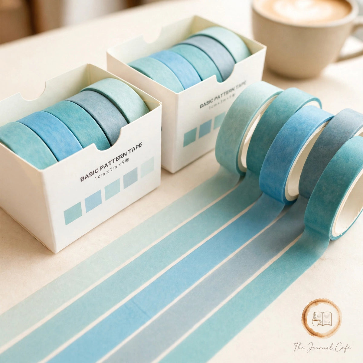 Pastel washi tape set — product photo 10 styled on a cream café table, The Journal Café
