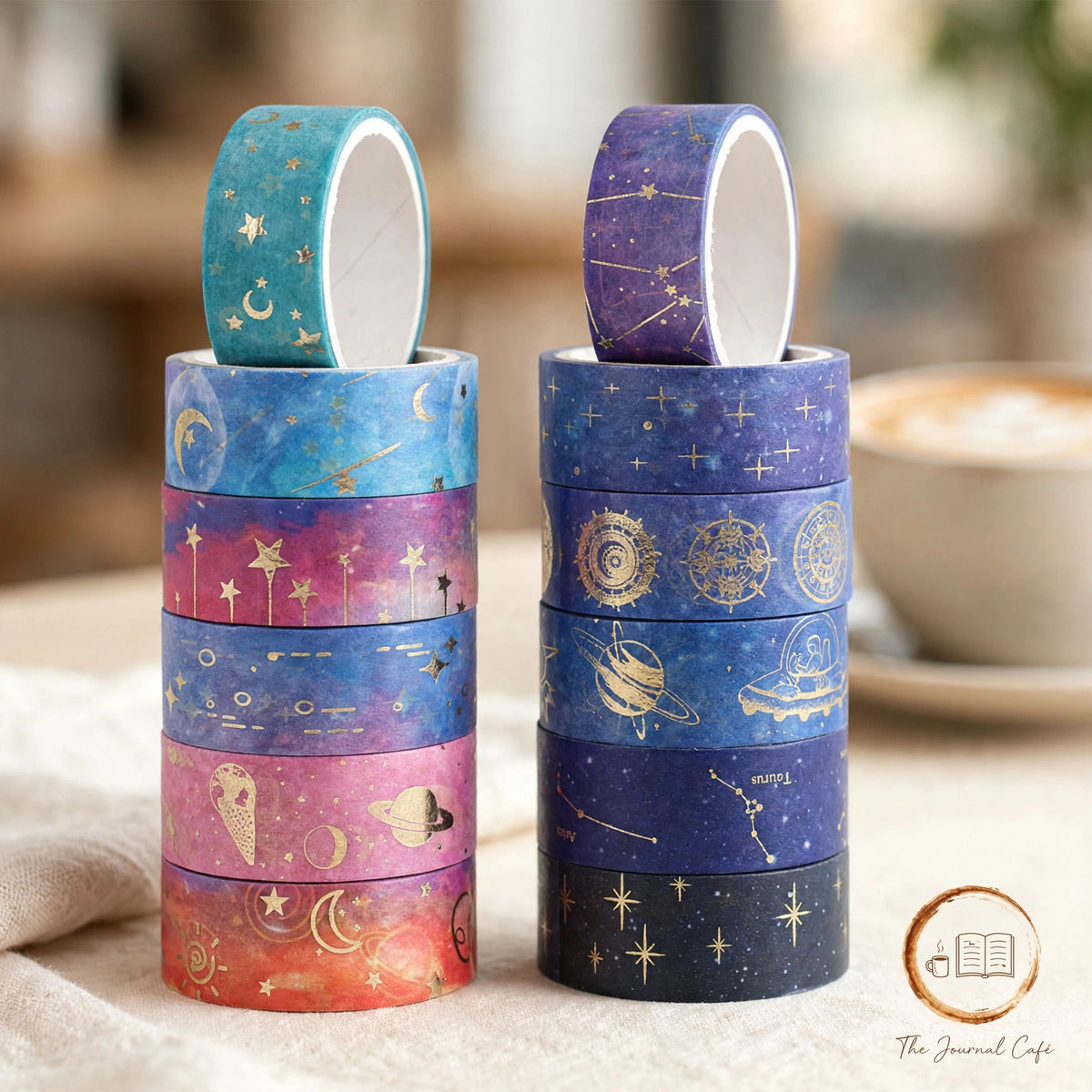 Starry Night gold foil washi tape — product photo 2 styled on a cream café table, The Journal Café