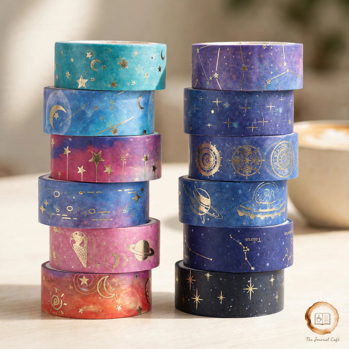 Starry Night gold foil washi tape — product photo 3 styled on a cream café table, The Journal Café
