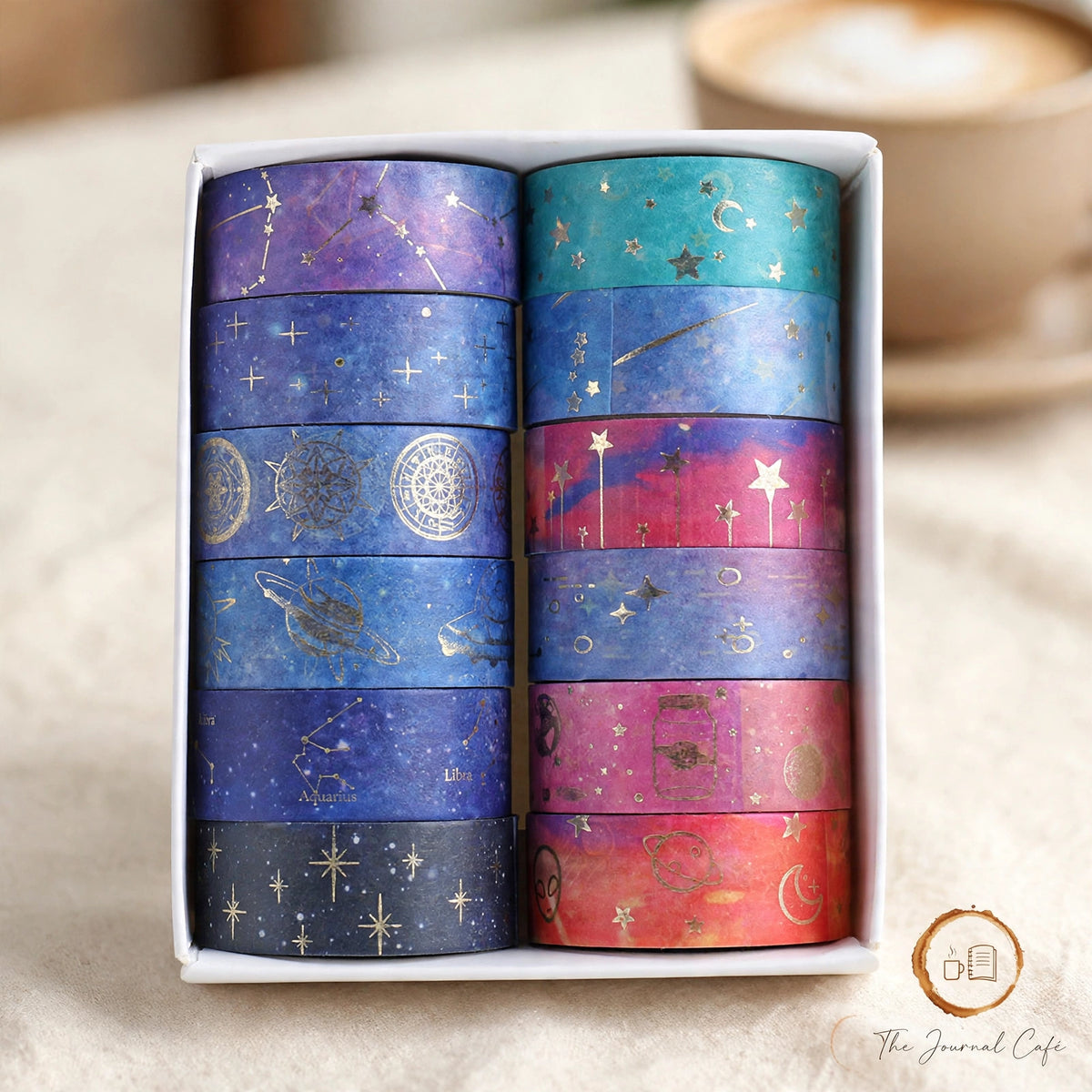 Starry Night gold foil washi tape — product photo 5 styled on a cream café table, The Journal Café