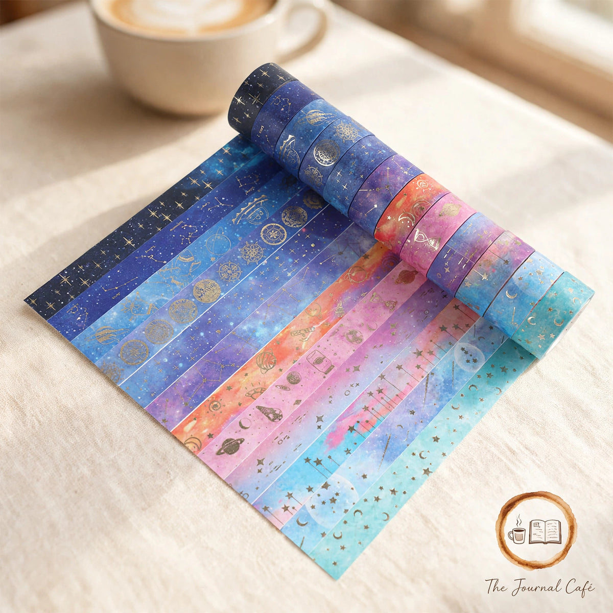 Starry Night gold foil washi tape — product photo 6 styled on a cream café table, The Journal Café
