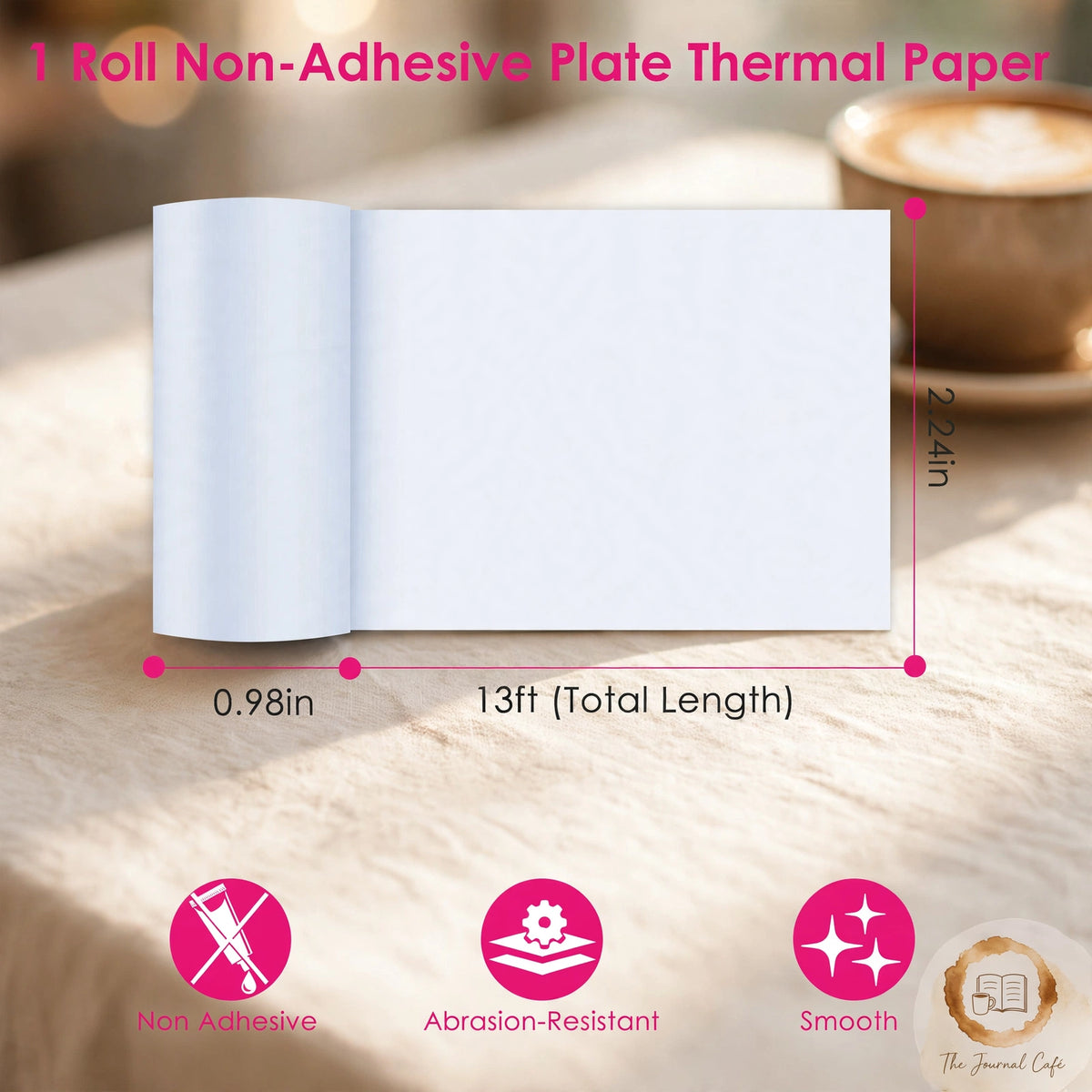 Pocket wireless thermal printer — product photo 4 styled on a cream café table, The Journal Café