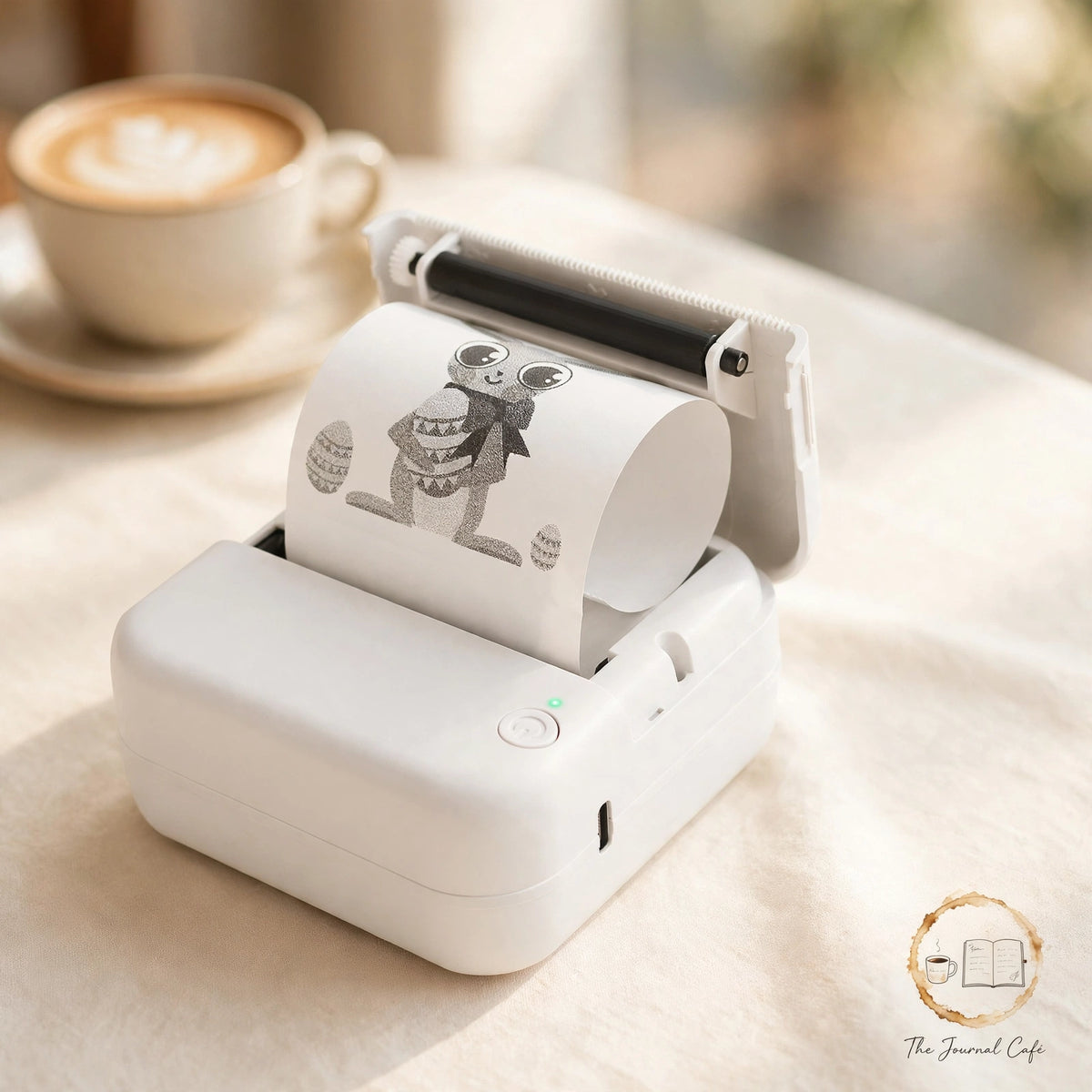 Pocket wireless thermal printer — product photo 5 styled on a cream café table, The Journal Café