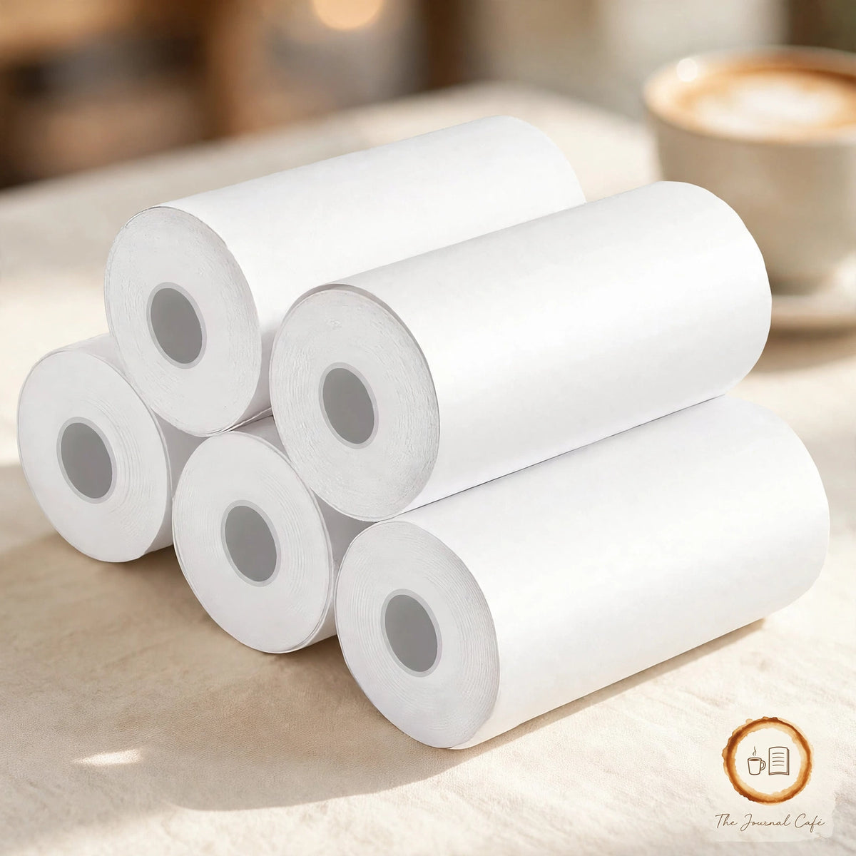 Pocket wireless thermal printer — product photo 6 styled on a cream café table, The Journal Café