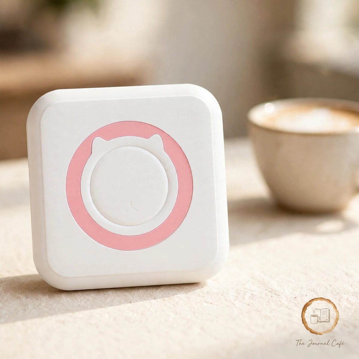 Pocket wireless thermal printer — product photo 7 styled on a cream café table, The Journal Café