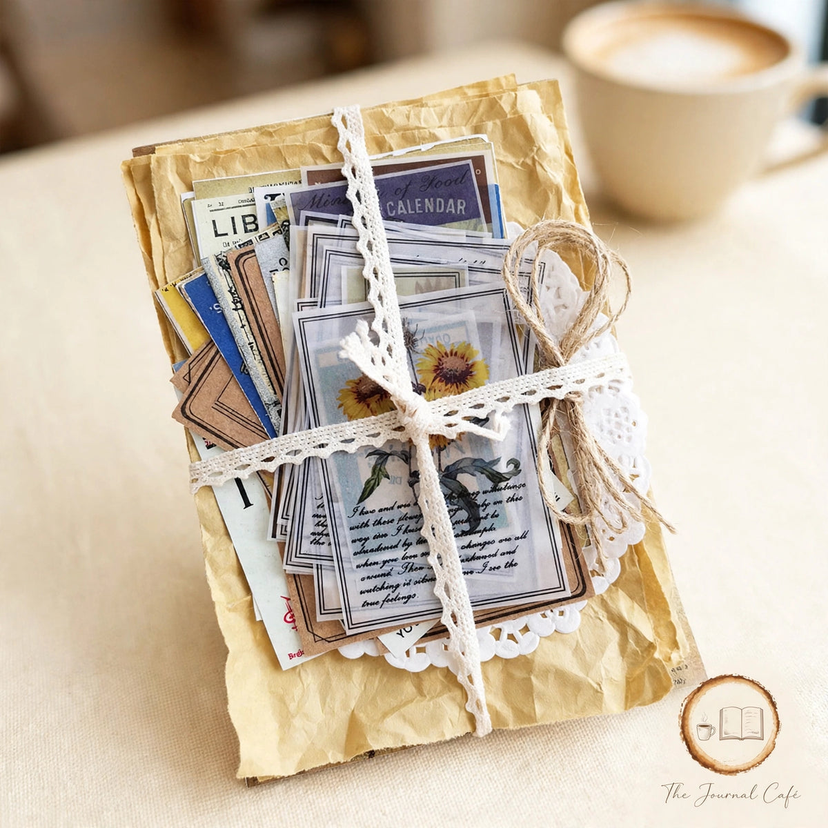 Junk journal retro material pack — product photo 2 styled on a cream café table, The Journal Café