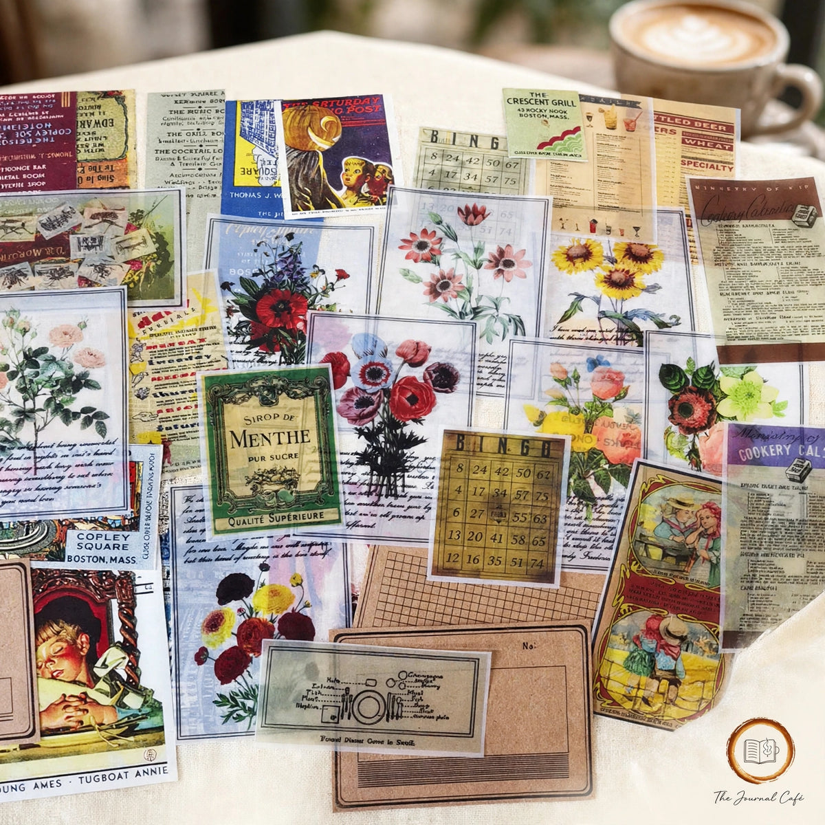Junk journal retro material pack — product photo 4 styled on a cream café table, The Journal Café