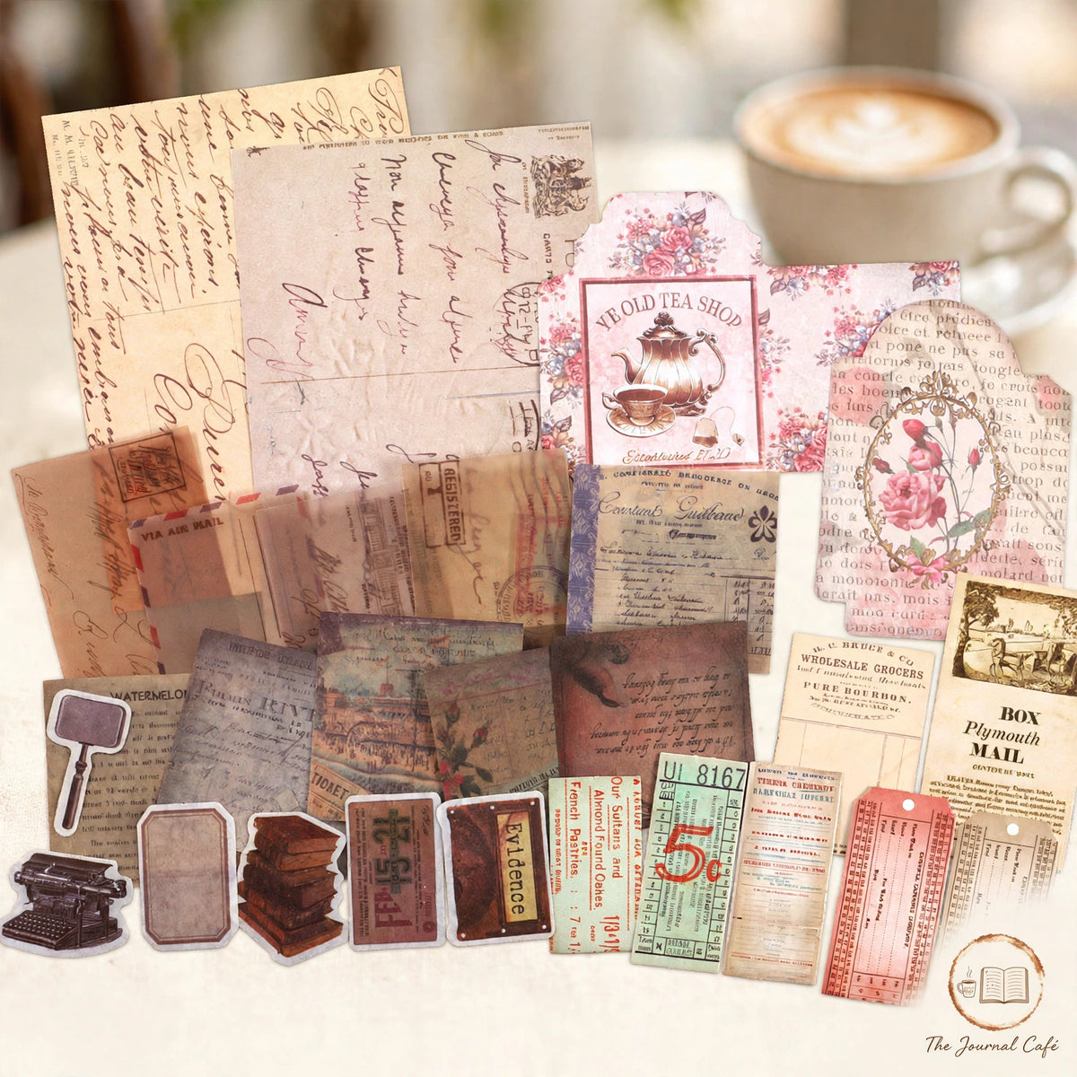 Junk journal retro material pack — product photo 5 styled on a cream café table, The Journal Café