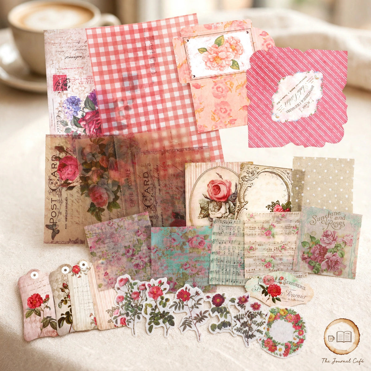 Junk journal retro material pack — product photo 7 styled on a cream café table, The Journal Café