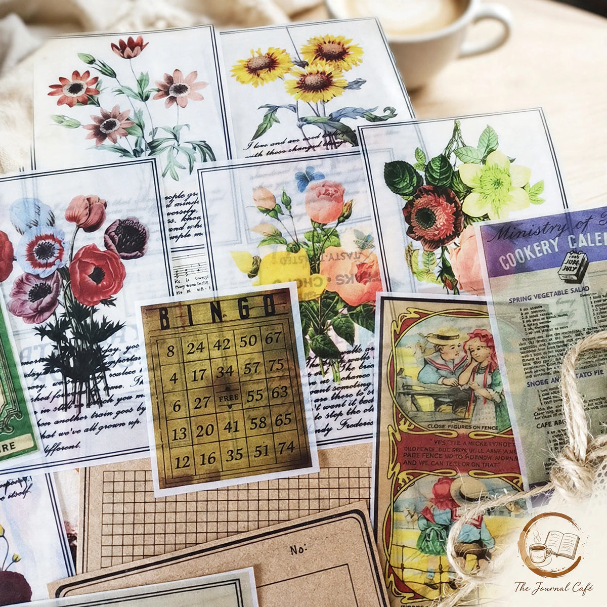 Junk journal retro material pack — product photo 8 styled on a cream café table, The Journal Café