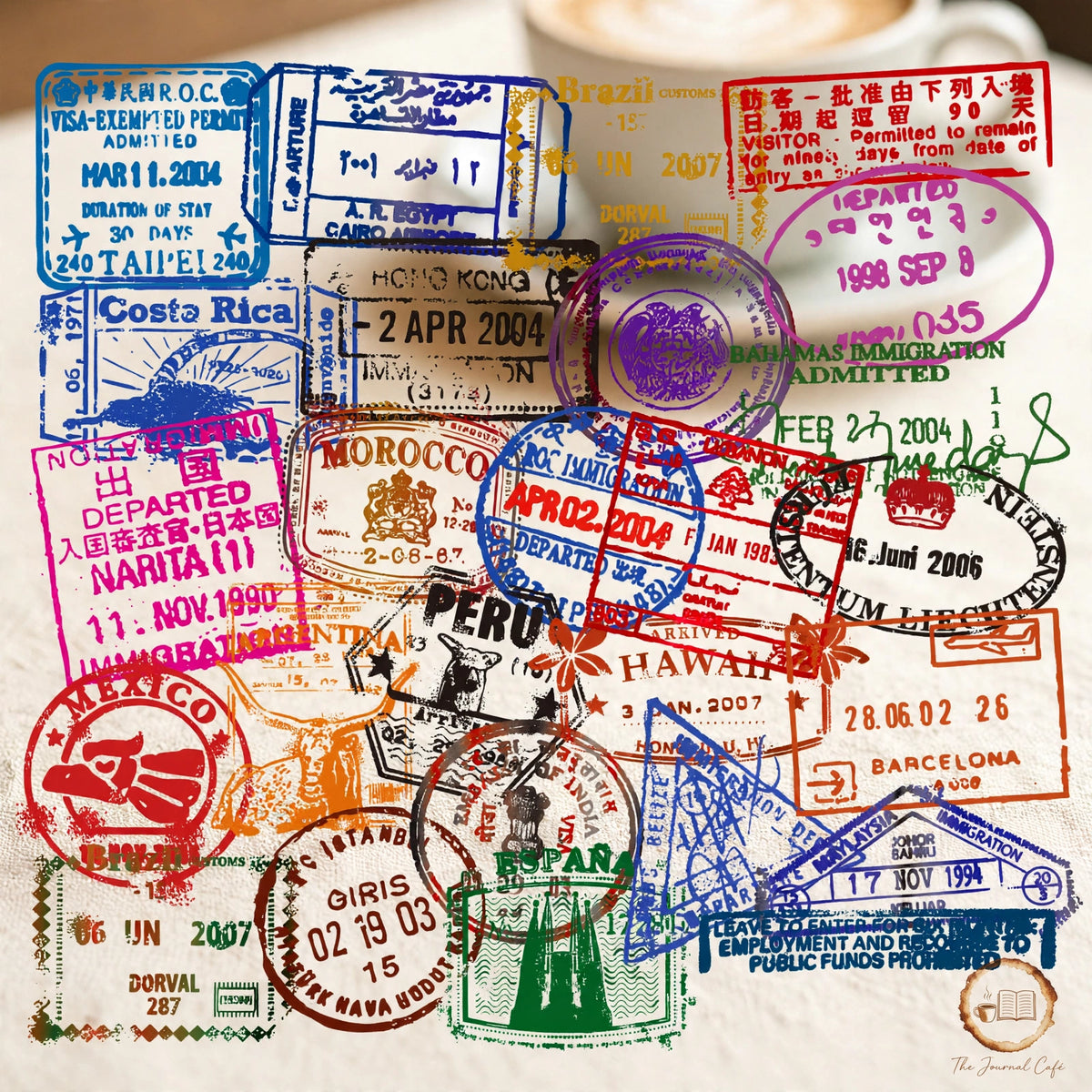 Vintage postmark sticker set — product photo 2 styled on a cream café table, The Journal Café
