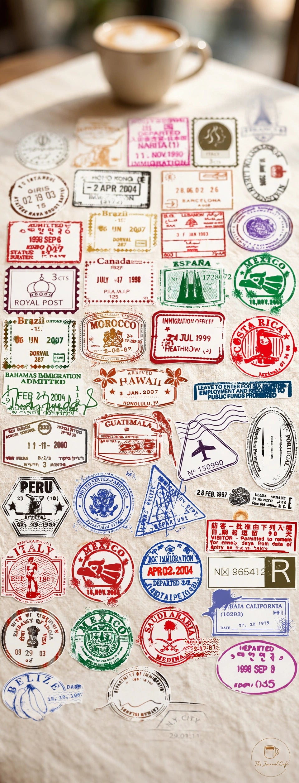 Vintage postmark sticker set — product photo 3 styled on a cream café table, The Journal Café
