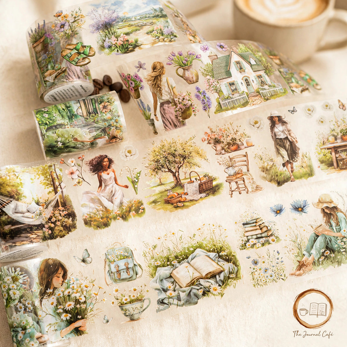 Watercolor camping travel journal tape — product photo 2 styled on a cream café table, The Journal Café