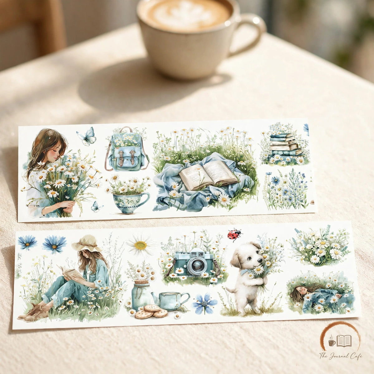 Watercolor camping travel journal tape — product photo 11 styled on a cream café table, The Journal Café