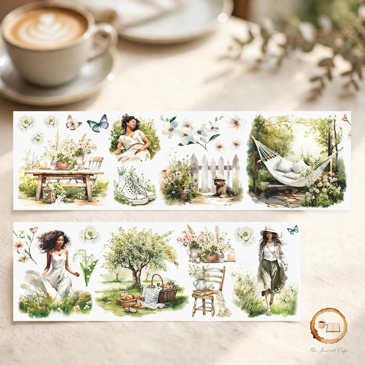 Watercolor camping travel journal tape — product photo 12 styled on a cream café table, The Journal Café