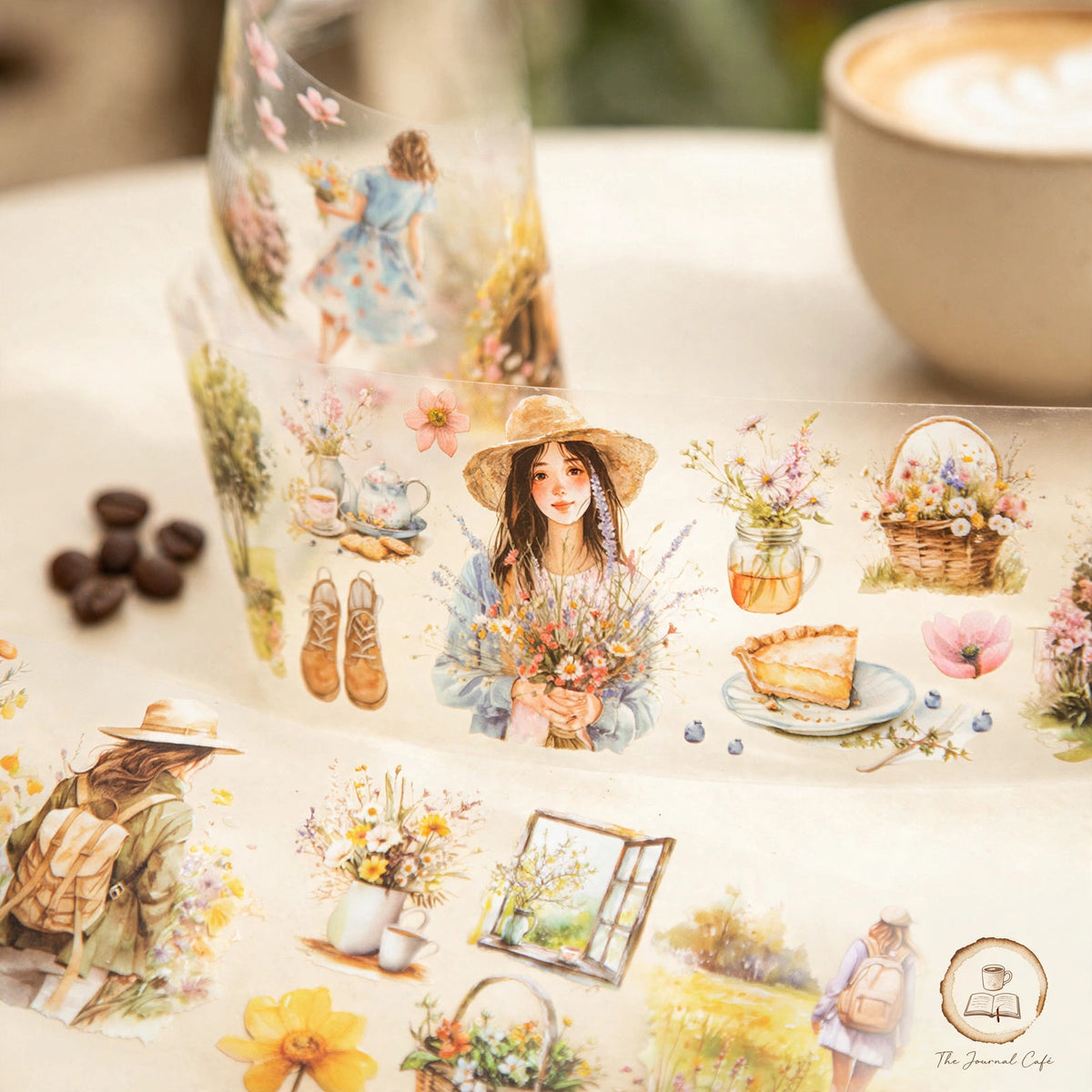 Watercolor camping travel journal tape — product photo 3 styled on a cream café table, The Journal Café