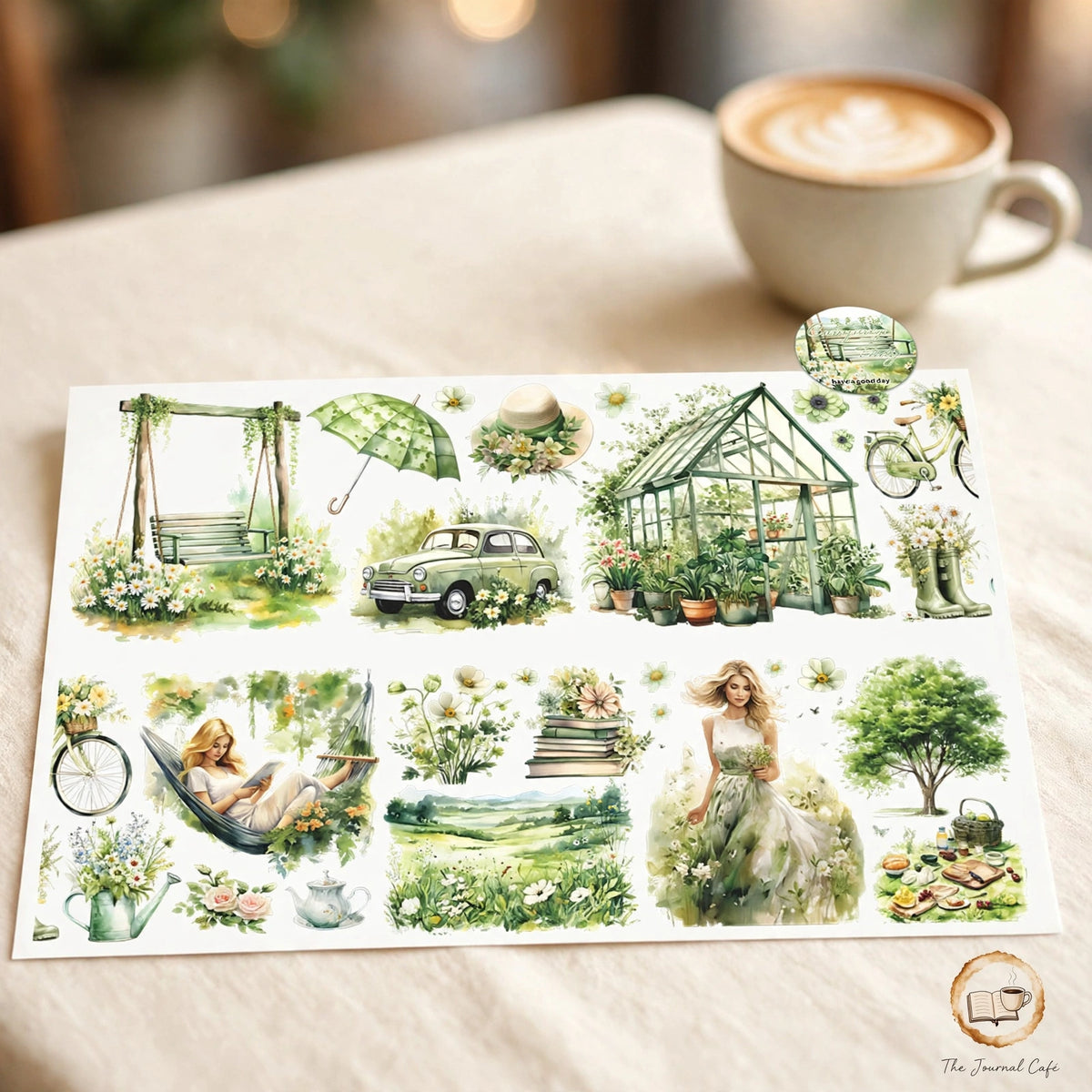Watercolor camping travel journal tape — product photo 7 styled on a cream café table, The Journal Café