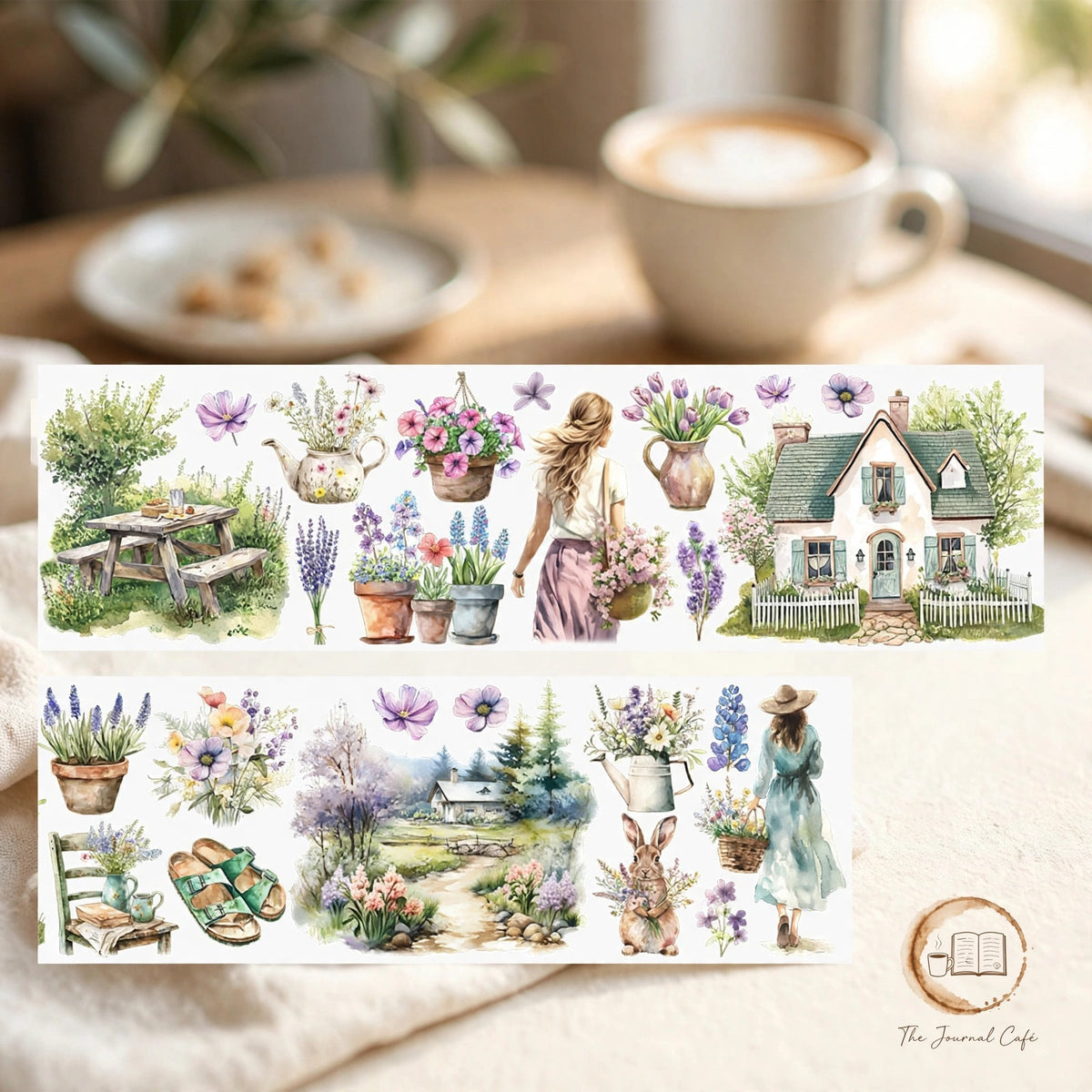 Watercolor camping travel journal tape — product photo 8 styled on a cream café table, The Journal Café