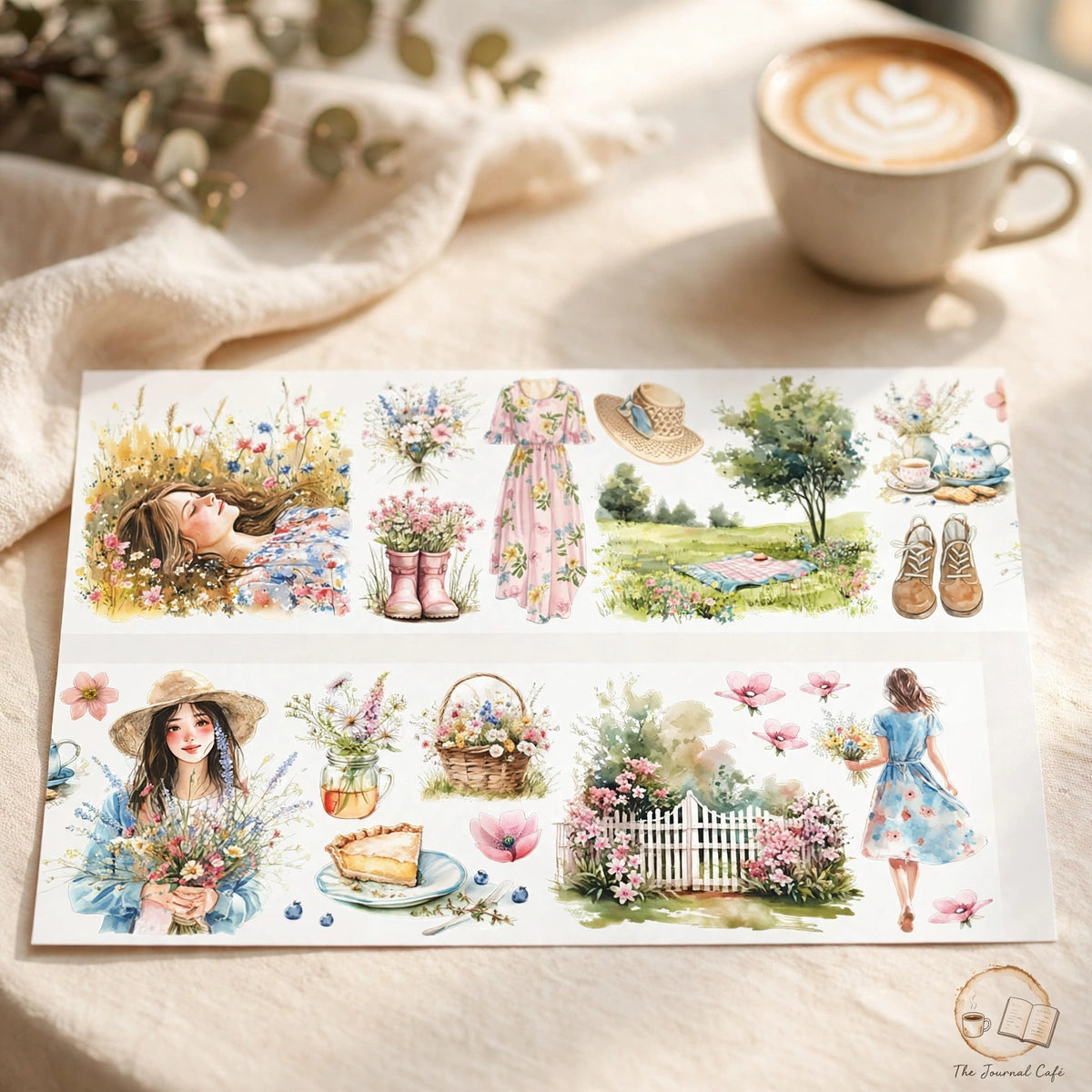 Watercolor camping travel journal tape — product photo 9 styled on a cream café table, The Journal Café