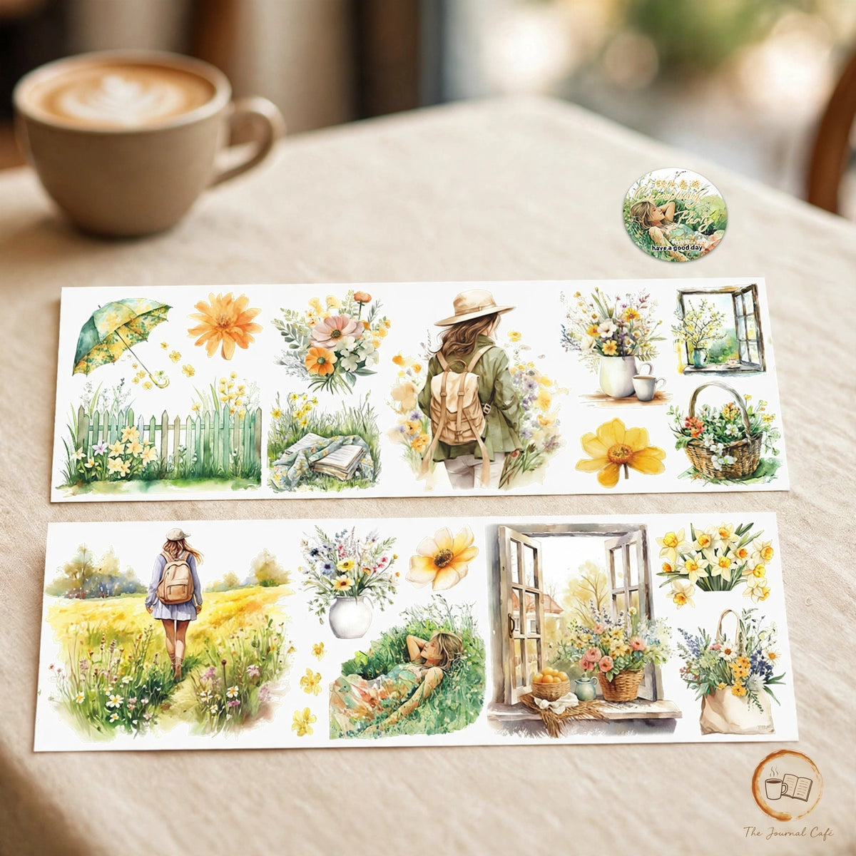 Watercolor camping travel journal tape — product photo 10 styled on a cream café table, The Journal Café