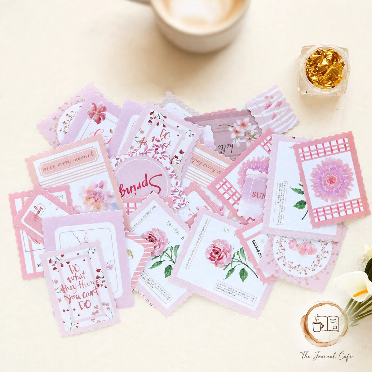 Vintage stamp sealing stickers — product photo 2 styled on a cream café table, The Journal Café
