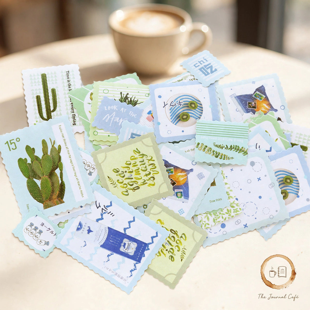 Vintage stamp sealing stickers — product photo 3 styled on a cream café table, The Journal Café