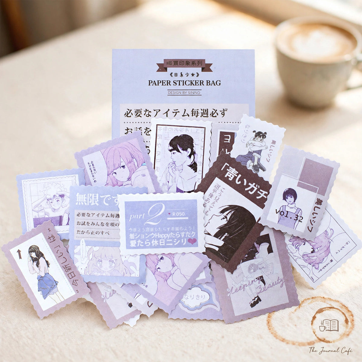 Vintage stamp sealing stickers — product photo 4 styled on a cream café table, The Journal Café