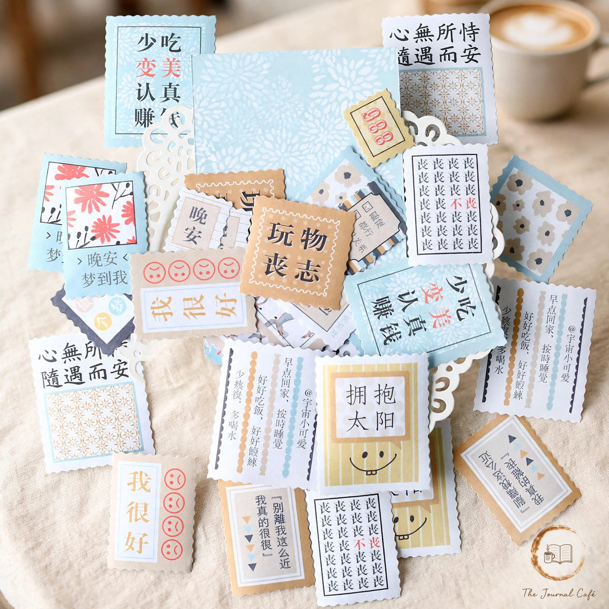 Vintage stamp sealing stickers — product photo 5 styled on a cream café table, The Journal Café