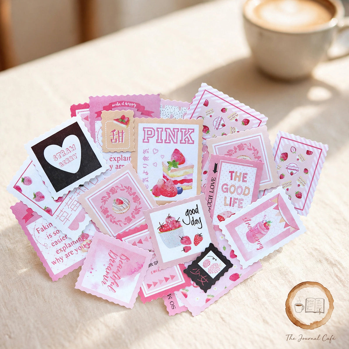 Vintage stamp sealing stickers — product photo 7 styled on a cream café table, The Journal Café