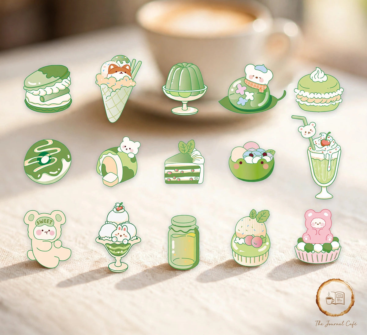 Sweetheart convenience store stickers — product photo 3 styled on a cream café table, The Journal Café