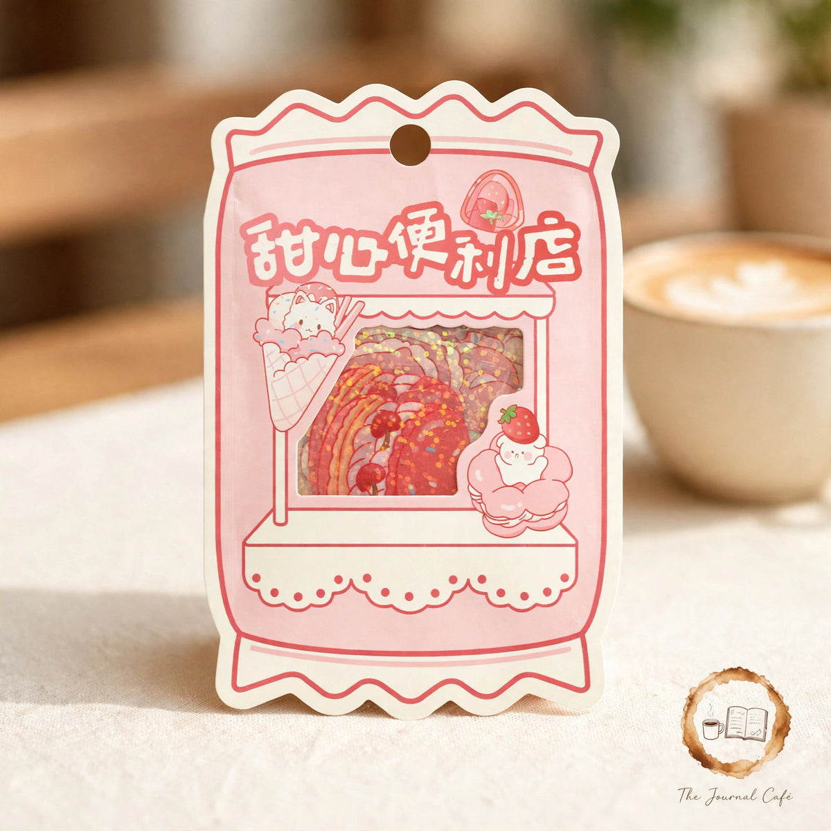 Sweetheart convenience store stickers — product photo 4 styled on a cream café table, The Journal Café