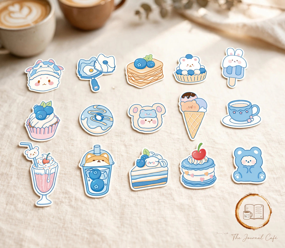 Sweetheart convenience store stickers — product photo 5 styled on a cream café table, The Journal Café