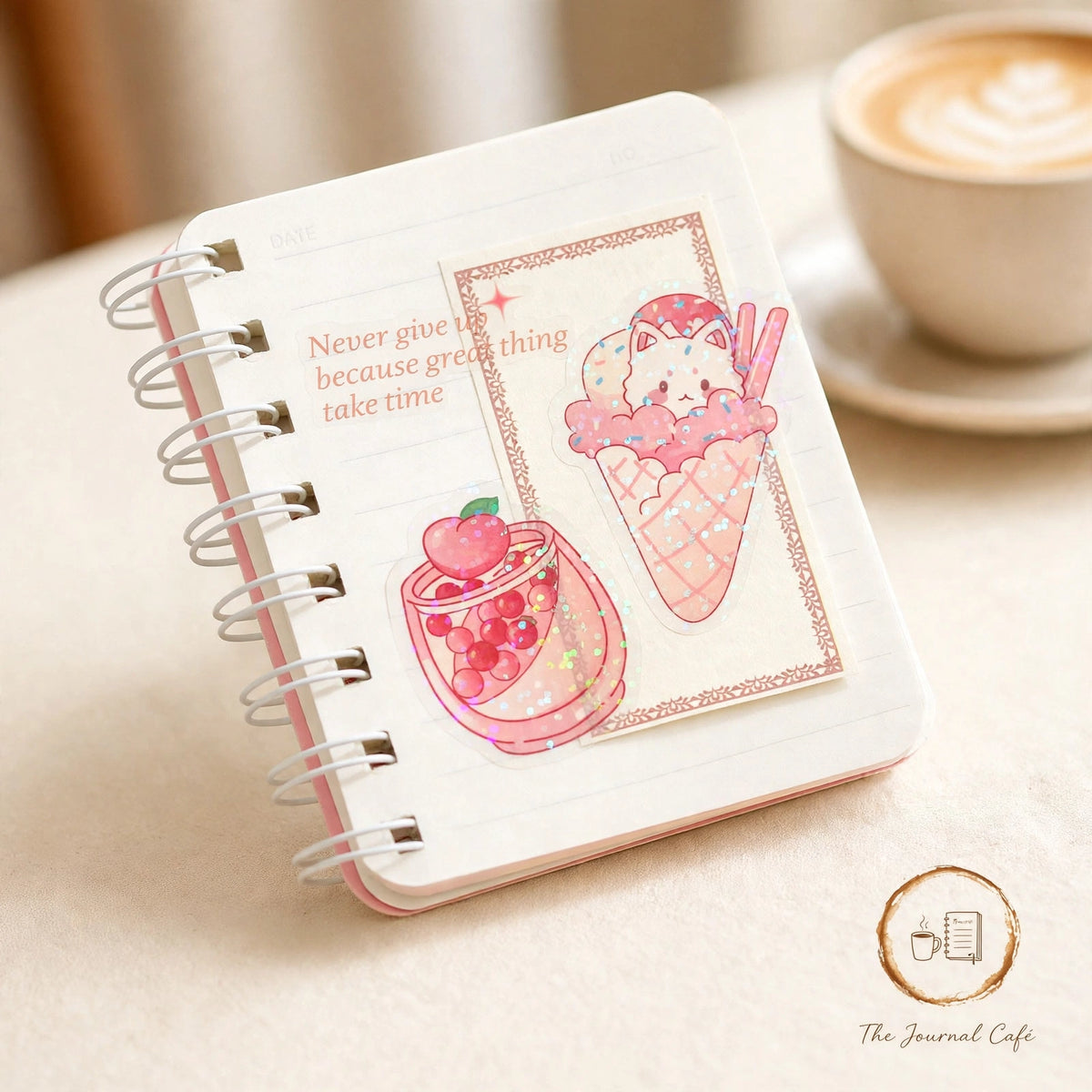 Sweetheart convenience store stickers — product photo 6 styled on a cream café table, The Journal Café