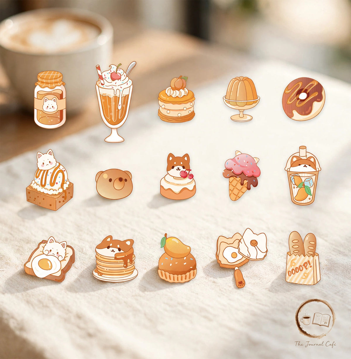 Sweetheart convenience store stickers — product photo 7 styled on a cream café table, The Journal Café