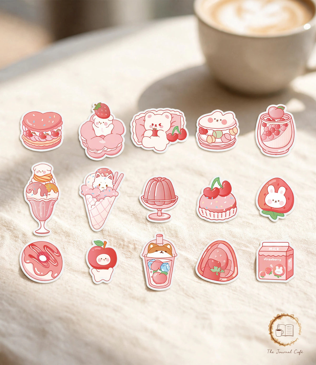 Sweetheart convenience store stickers — product photo 8 styled on a cream café table, The Journal Café