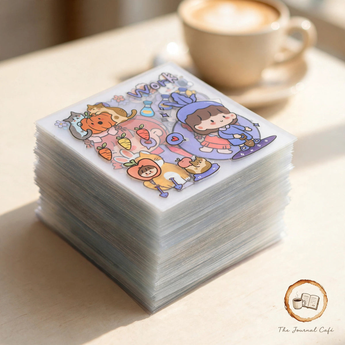 PET journal stickers — product photo 11 styled on a cream café table, The Journal Café