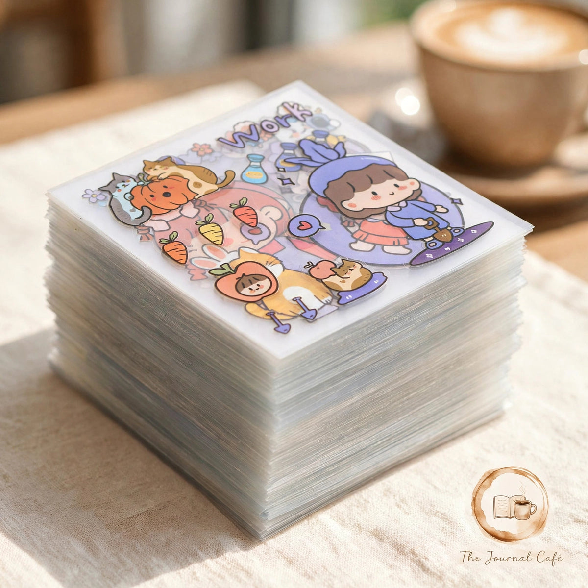 PET journal stickers — product photo 12 styled on a cream café table, The Journal Café