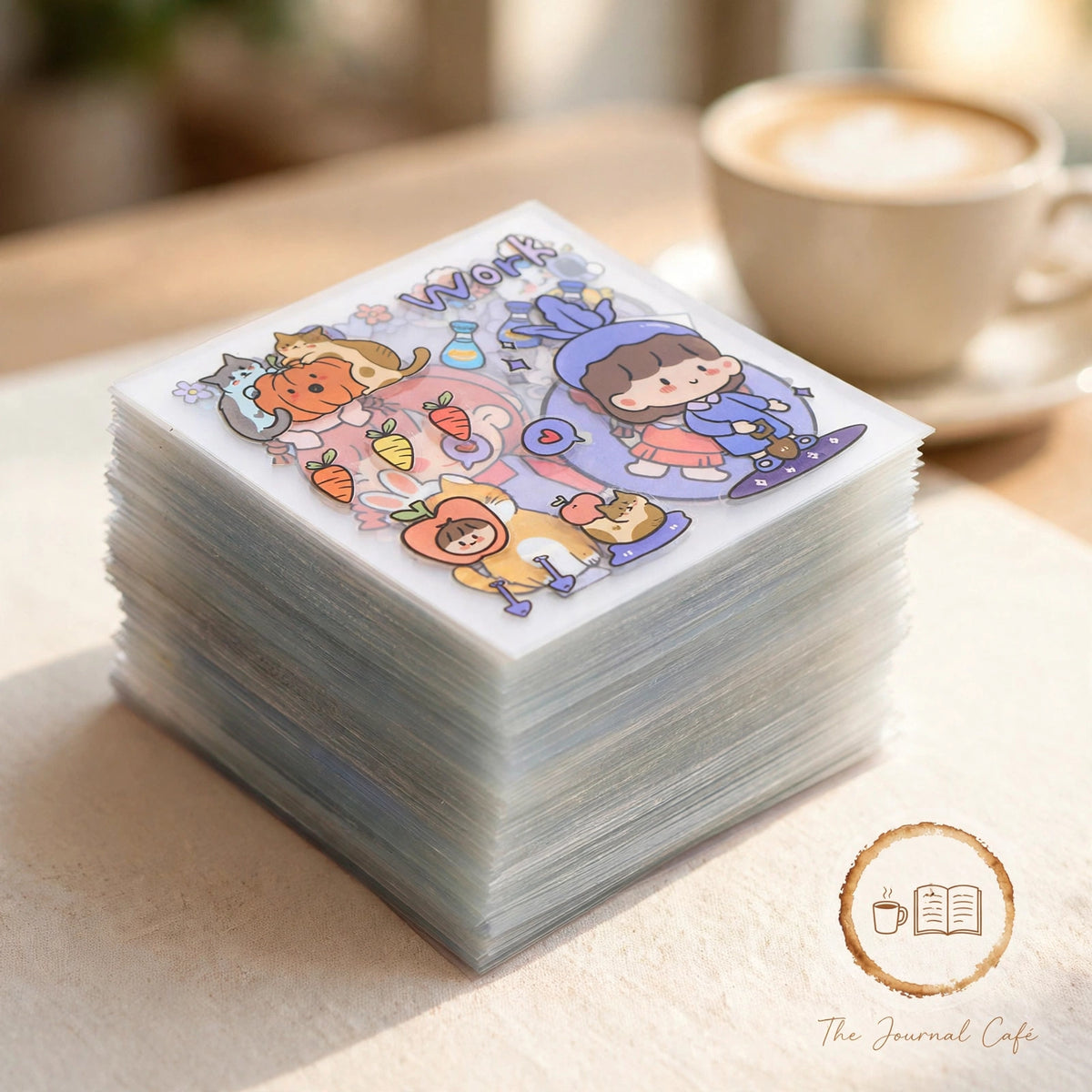 PET journal stickers — product photo 14 styled on a cream café table, The Journal Café