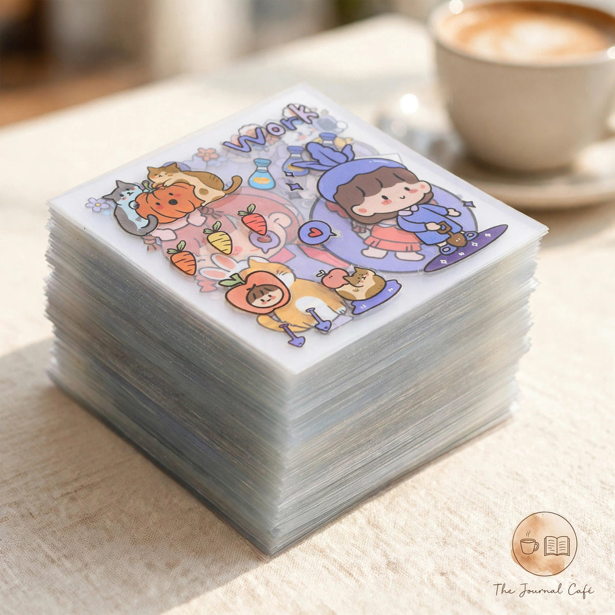 PET journal stickers — product photo 3 styled on a cream café table, The Journal Café