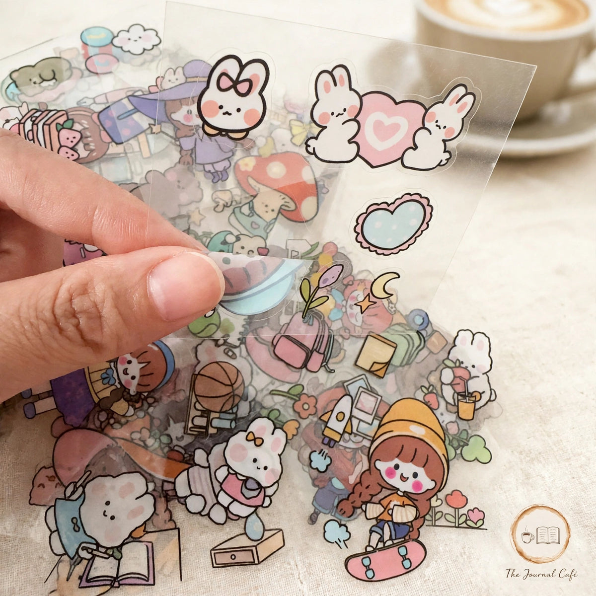 PET journal stickers — product photo 5 styled on a cream café table, The Journal Café