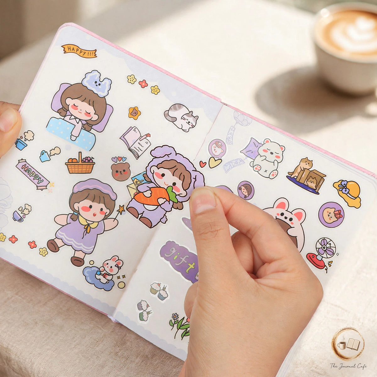 PET journal stickers — product photo 7 styled on a cream café table, The Journal Café